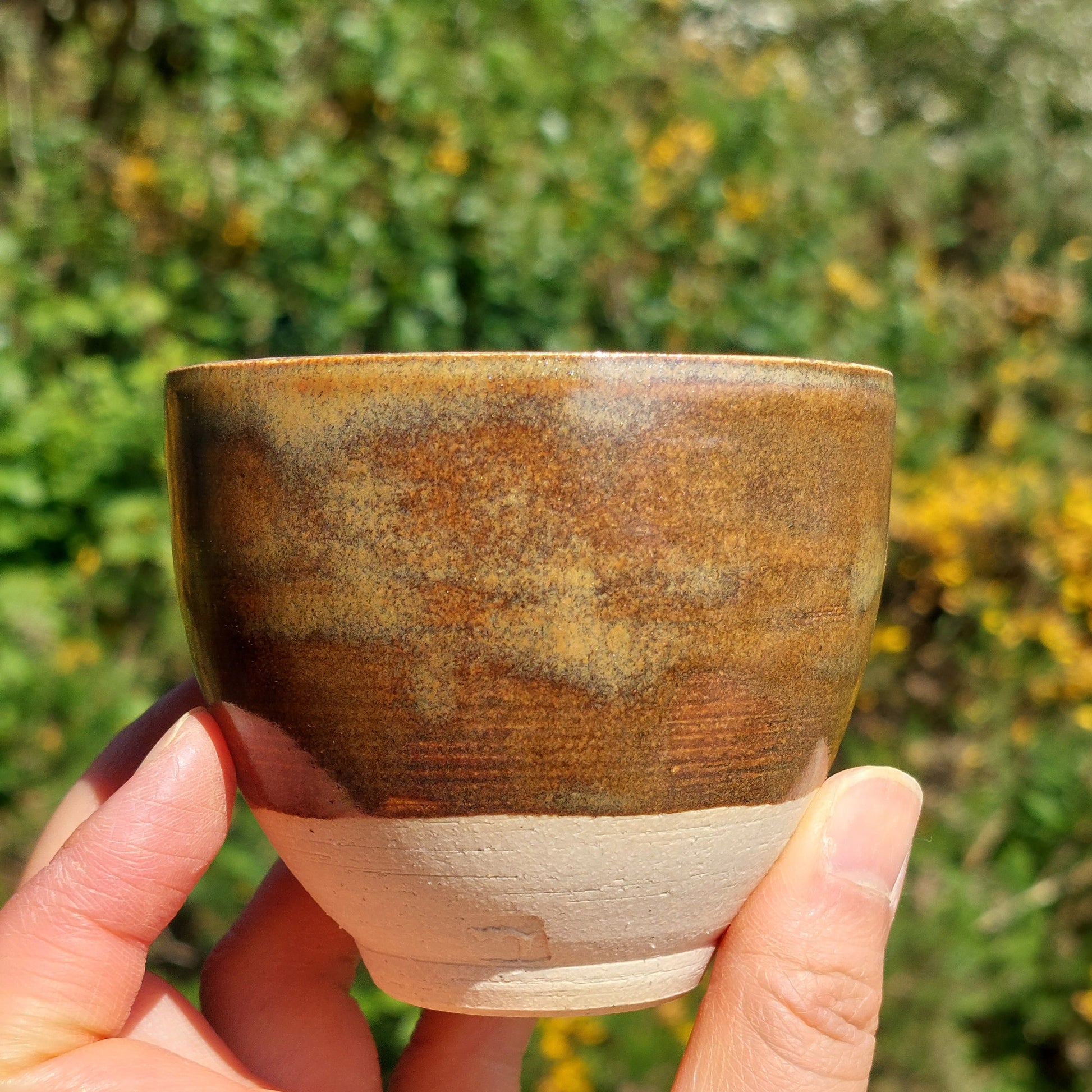Hand holding a ceramic cup with a natural background of greenery