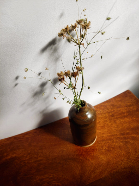 A small brown ceramic vase holding dried botanical stems, placed on a warm brown wooden surface against a white wall with soft shadows.